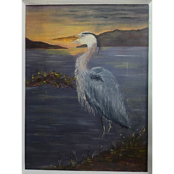 Vintage 1970s-90s Oil Painting Heron at Sunset 14x11" Framed Lake Scene Bird - Picture 2 of 9